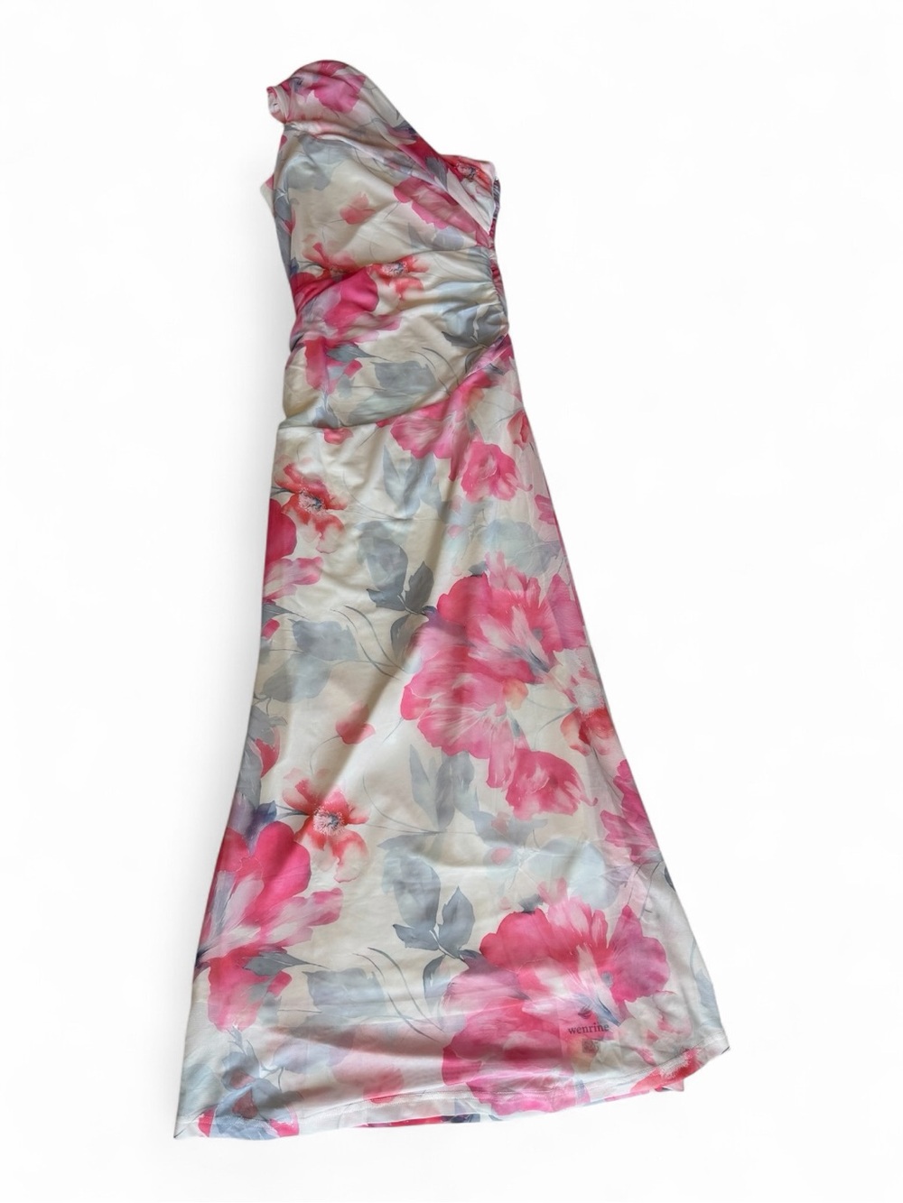 One-Shoulder Floral Maxi Dress in Pink and Gray/Blue